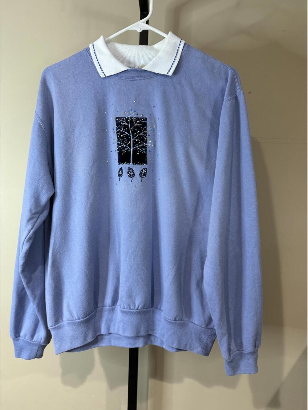 Women's Light Blue Sweatshirt with White Collar and Tree Design top Stitch Med